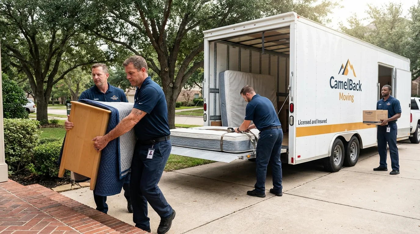 Crew loading residential truck for cross-state move from Meridian, OK