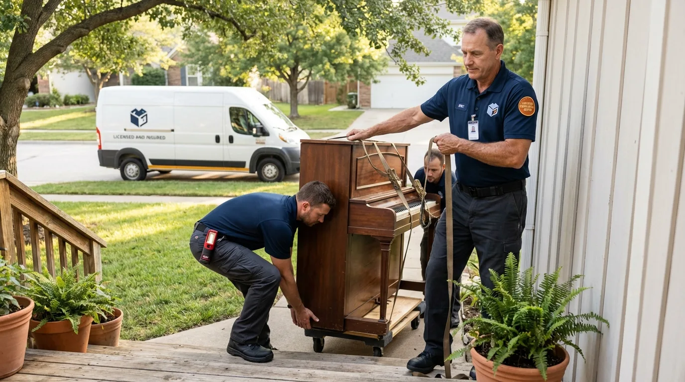 Licensed piano movers securing grand piano in Meridian, OK