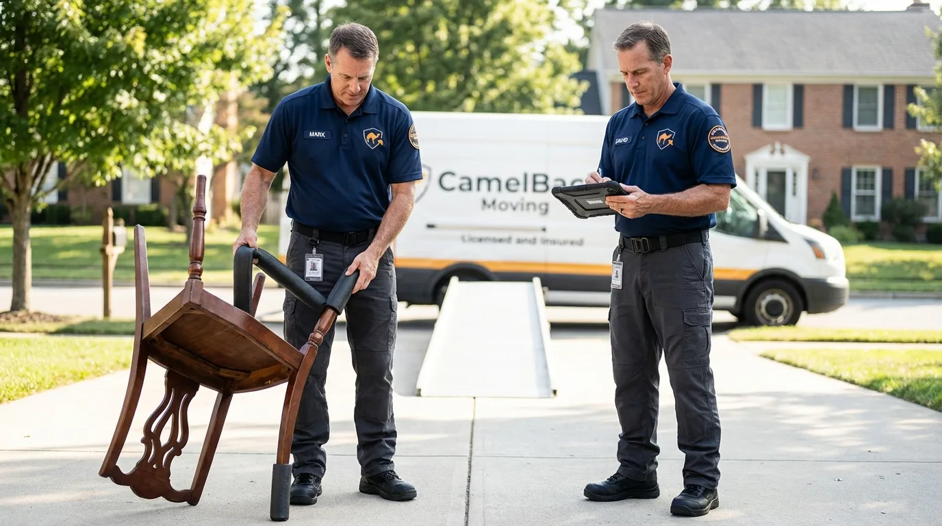 Movers inspecting furniture for damage prevention before loading in Meridian, OK